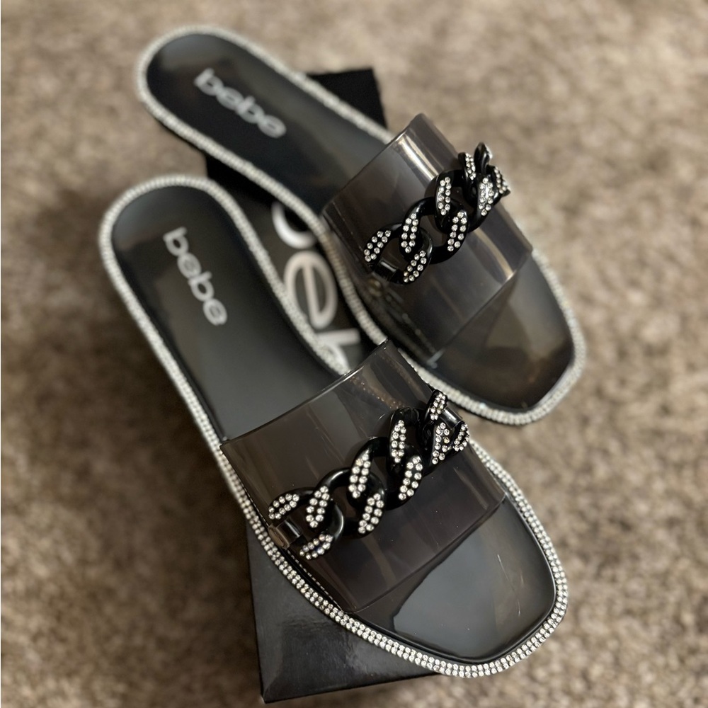 Bebe Black Rhinestone Slide Sandals